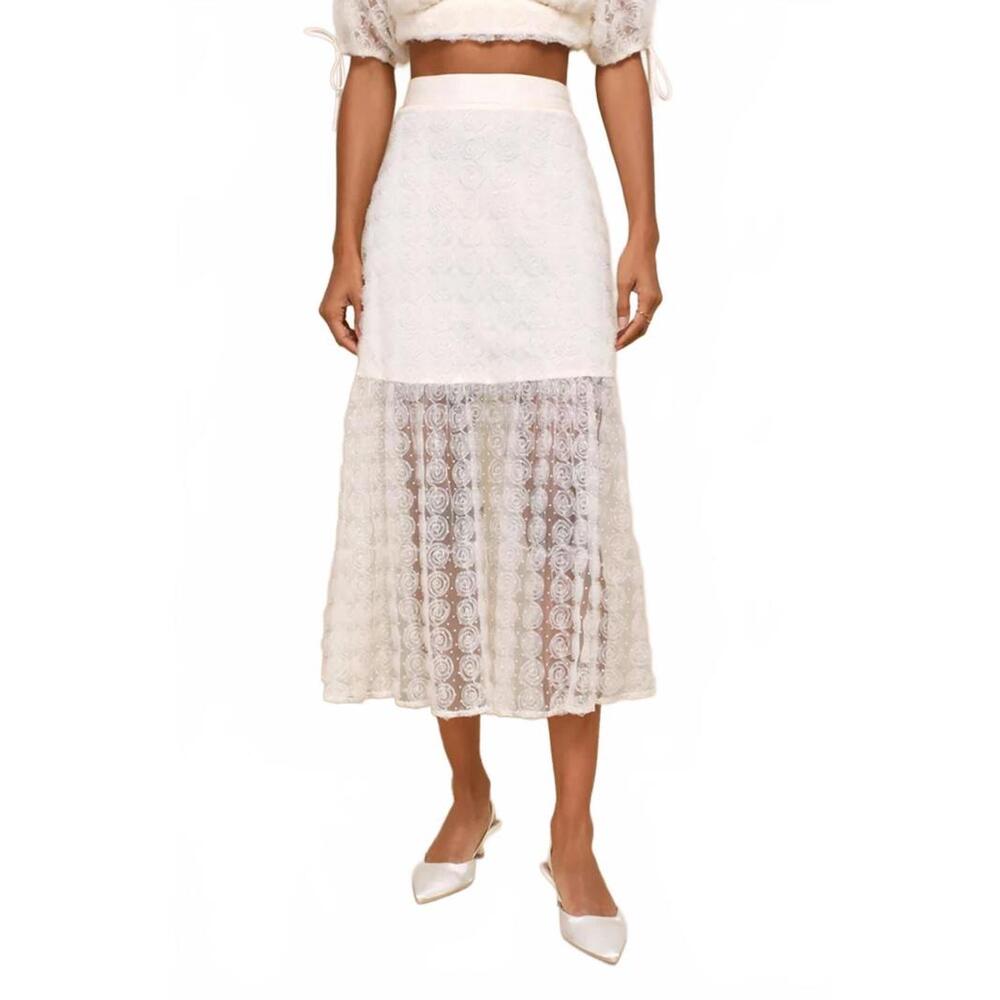 NWT Lulus Ideal Adoration Cream Tulle Swiss Dot Rosette Midi Skirt Size L